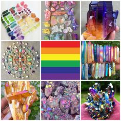 the collage shows many different colors of beads and crystals, including rainbow - hues