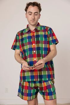 Dylan Shirt - Rainbow Grid Cotton – Nikki Chasin Affordable Multicolor Playful Shirt, Cheap Multicolor Relaxed Fit Shirt, Affordable Multicolor Casual Camp Shirt, Cheap Multicolor Casual Camp Shirt, Cheap Cotton Patchwork T-shirt, Luxury Multicolor Short Sleeve Camp Shirt, Cheap Playful Casual Shirt, Affordable Cotton Festival Shirt, Luxury Multicolor Camp Collar Shirt