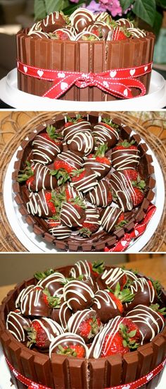 chocolate cake with strawberries on top and flowers in the background, before and after it is cut