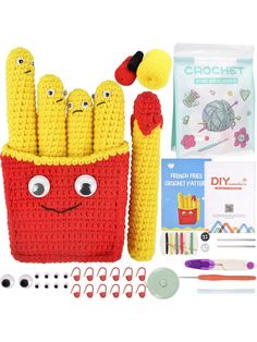 the crochet kit includes two bags, scissors and yarns to make it look like