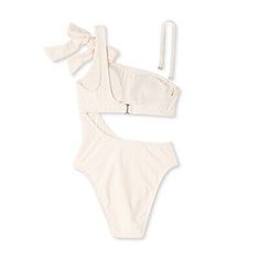 Women's One Shoulder Bow Cut Out One Piece Swimsuit - Shade & Shore Off-White Sku: Mc-7417440 White Summer Cotton Bodysuit, White Cotton Summer Bodysuit, White Cotton Bodysuit For Summer, Cream Swimwear For Summer, Beige Beachwear Bodysuit For Summer, Beige Summer Beachwear Bodysuit, Beige Summer Bodysuit For Beach, Beige Summer Bodysuit For The Beach, Trendy White Bodysuit For Beach Season