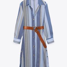 Zara Dress With Lapel Collar With V-Neckline And Long Sleeveless. Contrasting Belt. Buttons And Side Slits At Hem. Front Button Closure. Size L. Armpit To Armpit 21”, Length 50” Size Xl. Armpit To Armpit 22”Length 50” Striped V-neck Shirt Dress For Beach, Striped V-neck Shirt Dress For Daywear, Blue V-neck Maxi Dress With Buttons, Blue Belted Button-up Dress, Belted Blue Shirt Dress For Summer, Zara V-neck Dress With Button Closure, Blue Button-up Summer Dress, Zara V-neck Shirt Dress For Vacation, Blue Midi Dress With Button Closure For Beach