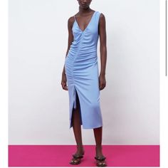 Brand New With Tags Blue Ruched Maxi Dress, Spring Asymmetrical Ruched Midi Dress, Blue Draped Dress With Folds, Blue Sleeveless Dress With Folds, Blue Midi Dress With Folds, Sleeveless Blue Dress With Folds, Blue Summer Dress With Folds, Light Blue Ruched Midi Dress, Blue Summer Dresses With Folds