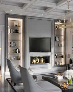 modern living room with fireplace and built in bookshelves