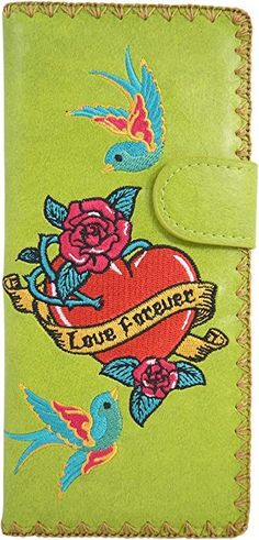 Tattoo Art love forever Sparrow birds embroidered Large flat wallet (Green) Green Clothing, Sparrow Bird, Make Her Smile, Coin Wallet, Love Forever, Wallet Gifts, Art Love, Gifts For Your Mom