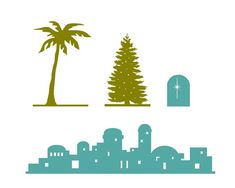 the silhouettes of palm trees and buildings are shown in this illustration, which is part of