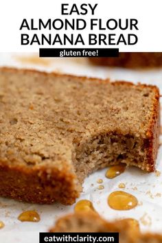 an easy almond floured banana bread is cut in half on a white plate with text overlay