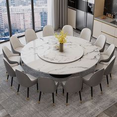 a dining room table surrounded by chairs and a vase with flowers on it in front of a large window