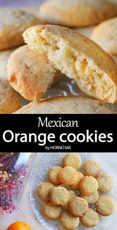 mexican orange cookies on a plate with an orange in the background and text overlay