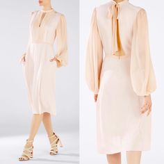 Beautiful Flowy Bcbg Max Azria In Delicate Bare, Blush Pink. Midi Length Dress W/ Sheer, Long Blouson Sleeves, Tie Neck, Back With Semi-Open Panel. Fully Lined Skirt Area. New With Tags Perfect Dress For Wedding, Engagement Photos, Reception Party, Cocktail Parties Size 6 Approximate Measurements Flat Across: 18" Across Chest, 14.5" Waistband, 45" Total Length Elegant Pink Midi Dress For Daywear, Feminine Silk Sheath Midi Dress, Chic Blush Formal Dress, Elegant Blush Formal Dress, Elegant Blush Midi Dress For Spring, Elegant Peach Midi Dress For Evening, Elegant Long Sleeve Blush Dress, Elegant Blush Dress For Brunch, Elegant Blush Cocktail Dress