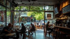 people sitting at tables in a restaurant with lots of windows and signs on the walls