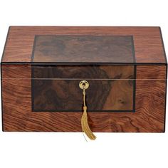 a wooden box with a tassel on the lid