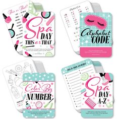 four different types of cards with the words spa and hair salon written on each one