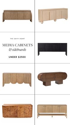 four different types of furniture with the words media cabinets under $ 350