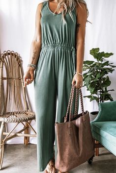 Green V Neck Elastic Waist Sleeveless Jumpsuit Sleeveless Summer Leisure Jumpsuits And Rompers, Sleeveless Summer Jumpsuits And Rompers For Leisure, Casual Green Solid Color Jumpsuits And Rompers, Sleeveless Jumpsuits And Rompers For Leisure, Green Sleeveless Casual Jumpsuit, Versatile Sleeveless Jumpsuits And Rompers For Loungewear, Spring Sleeveless Jumpsuits And Rompers, Versatile Sleeveless Jumpsuits For Spring, Casual Sleeveless Jumpsuits And Rompers For Loungewear