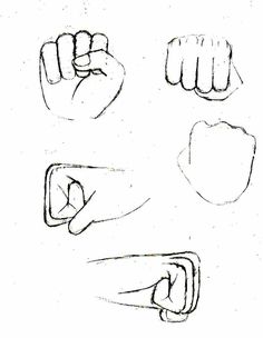 four different hand gestures drawn in pencil