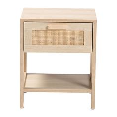 the side table has a wicker drawer on it and is made out of wood