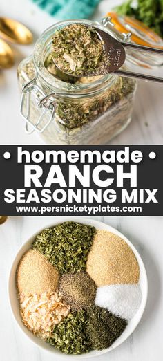 homemade ranch seasoning mix in a glass jar with spoons and other spices on the side