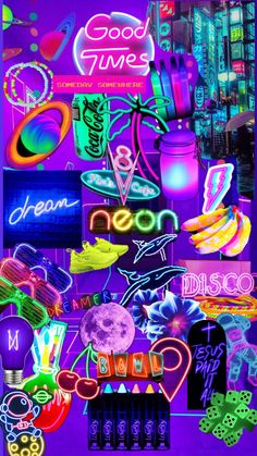 an image of neon signs and lights in the night sky with text that reads good times