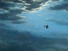 a painting of a bird flying in the sky with clouds and stars above it,