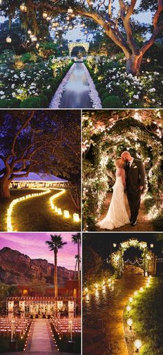 a collage of photos with lights and trees in the background, including a bride and groom at their wedding