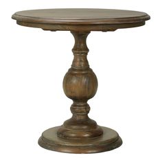 an old wooden table with a round top and pedestals on one side, against a white background