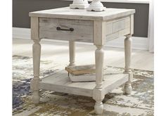 a white wooden table with two drawers and one drawer on the bottom, in front of a window