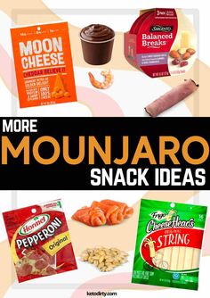 there are many different snacks on the table and in front of it is an advertisement for mountainaro snack ideas