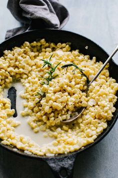 a skillet filled with macaroni and cheese