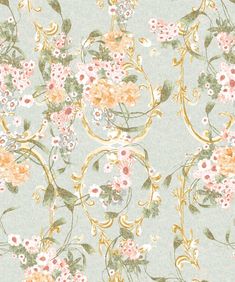 a floral wallpaper pattern in pastel blue, pink and yellow colors with gold accents