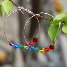 A pair of large endless hoop earrings featuring rainbow-colored crystal beads on 14kt gold filled wire.  They are called "endless hoops" because the wire that makes up the hoop is the same wire that goes in the hole in your ear. Consequently the wire is thin and delicate. The hoop is 1-1/2" in diameter. Whether you support the LGBTQ+ community or you just love beautiful, colorful earrings (or both you'll find these fun and flashy hoops will go with practically everything in your closet, and brin Pride Ally, Rainbow Crystal, Colorful Earrings, Lgbtq Pride, Wire Earrings, Gold Hoops, Jewelry Earrings Hoops, Color Crystal, 14kt Gold