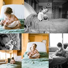 a collage of photos with babies in the middle and one baby on the bed