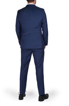 Crafted from a luxurious wool blend, this suit will have you looking sharp for your next special occasion. Jacket has notched lapels; four-button cuffs; chest pocket; flap pockets; interior pockets; side vents Trousers have zip fly with hook-and-bar closure; slant pockets; back button-welt pockets Jacket is lined; trousers are lined to the knee 52% wool, 45% polyester, 3% spandex Dry clean Imported Model stats: 6'1" height, 32" waist. Model is wearing size 40R. Ralph Lauren Semi-formal Suits With Welt Pockets, Navy Notch Lapel Blazer With Double-breasted Button Fastening, Pocket Jacket, Flap Pocket, Welt Pockets, Welt Pocket, Chest Pocket, Blazer Suit, The Knee