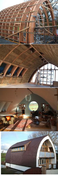 the inside and outside of a house that is made out of wood, with different angles