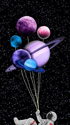 an artist's rendering of the solar system with astronauts floating in space and holding balloons