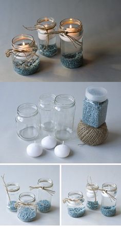 some glass jars filled with blue and white stuff