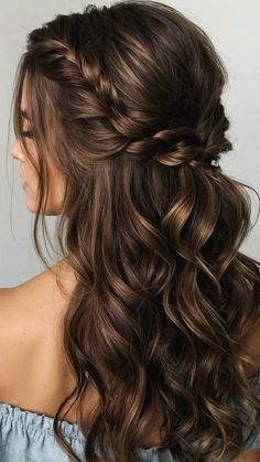 Bridesmaid Hairstyles Long Brown Hair, Half Up Do Brown Hair, Wedding Hairstyles Thick Brown Hair, Bridesmaid Hairstyles Down Brunette, Bridesmaid Curled Hairstyles, Bride Hairstyle With Braid, Hairstyles For Long Hair For A Wedding, Soft Curls With Braid