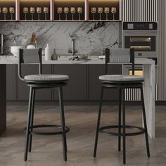 two stools in front of a counter with wine bottles on it