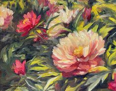 an oil painting of pink and yellow flowers