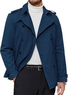 This men’s double-breasted, belted short trench coat is designed with a modern silhouette and classic styling, offering a sleek and stylish look. The coat exudes sophistication with a relaxed fit and notch lapel for a timelessly fashionable appeal. Durable materials with wind and water-proofing will keep you warm and dry all season long. 100% Polyester Machine Wash Material: Functional Casual Short Trenchcoat for men is well made of polyester, windproof fabric, fully lining, classy design, lightweight transition overcoat is great for spring, autumn and early winter, durable and comfortable SIZE NECK CHEST WAIST SLEEVE S 14-14½″ 34-36″ 28-30″ 32-33″ M 15-15½″ 38-40″ 32-34″ 33-34″ L 16-16½″ 42-44″ 36-38″ 34-35″ XL 17-17½″ 46-48″ 40-42″ 35-36″ 2XL 18-18½″ 50-52″ 44-46″ 36-37″ 3XL 19-19½″ 54-5 Solid Pea Coat For Spring Business Occasions, Solid Pea Coat For Business In Spring, Double-breasted Pea Coat For Spring Business Wear, Blue Belted Double-breasted Outerwear, Modern Solid Double-breasted Outerwear, Double-breasted Belted Business Pea Coat, Double-breasted Belted Pea Coat For Business, Belted Double-breasted Pea Coat For Business, Casual Belted Business Outerwear