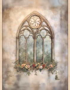 a painting of an old church window with flowers