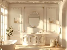 an elegant bathroom with white walls and gold trimmings, including a claw foot bathtub