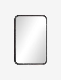 a square mirror on a white wall with black frame and metal trimmings, in the shape of a rectangle