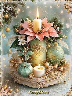 a christmas card with candles and ornaments