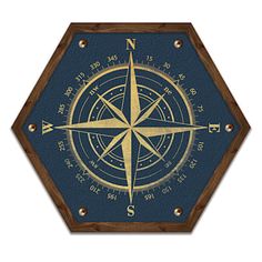 a blue and gold compass on a white background with wood trim around the edges is shown