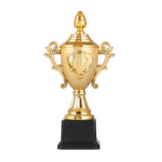 a gold trophy with a black base on a white background