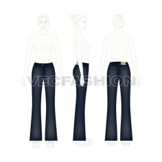 Women's Flare Leg Denim Jeans Outfit References, Flat Sketches, Band Metal, Clothes Sewing, Clothes Sewing Patterns, Fashion Flats, Rivets, Womens Flats, Denim Jeans