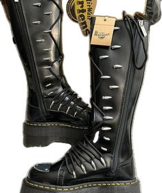 Fitted Black Boots With Metal Feet, Fitted Black Boots With Rivets, Dr Martens 1b60, Knee High Platform Boots, Shoes Dr Martens, Yellow Heels, On Top Of The World, Goodyear Welt, Shiny Silver