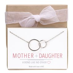 Mother Daughter Necklace, Mom Gift, Mother Daughter Gift, Interlock Circle Necklace Includes: Each necklace comes with a gift box & ribbon at no extra cost! Ready for gifting! MATERIALS - Color options: .925 Sterling Silver, Gold Vermeil, Rose Gold Vermeil - HYPOALLERGENIC, LEAD + NICKEL FREE - Made in New York City MEASUREMENTS - Pendant Height 5/8in (1.6cm) x Width 7/8in (2.2cm) - Adjustable Chain lengths: 16-18in (40-45.7cm) OR 18-20in (46-51cm) To see more Gifts for mom: https://www.etsy Valentine's Day Birthday Gift Wrapped Jewelry, Mother's Day Birthday Gift Wrapped Necklace, Gift-wrapped Necklace For Birthday On Mother's Day, Mother's Day Gift-wrapped Necklaces, Silver Jewelry With Message Card For Birthday, Adjustable Jewelry With Gift Box, Mother's Day Anniversary Gift Necklace With Message Card, Mother's Day Anniversary Necklace With Message Card, Elegant Gift Wrapped Jewelry For Mother's Day