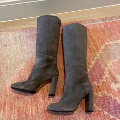 These Are Nearly Brand New, Only Worn Once. A Beautiful Gray Suede. 3.5” Heel. Same Or Next Day Shipping. Thanks For Shopping. Smoke Free Home. Fitted Heeled Boots With 4-inch Block Heel, Fitted Block Heeled Boots With 4-inch Heel, Suede Boots With 4-inch Heel And Medium Width, Spring Suede Knee-high Heels, Medium Width High Heeled Boots With Heel Tab, Medium Width Knee-high Heels With Sculpted Heel, Medium Width High Heel Boots With Heel Tab, Knee-high Heels With Sculpted Heel And Medium Width, Fitted Round Toe Heeled Boots With Suede Lining